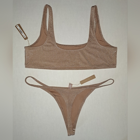 SKIMS 2 Piece Glitter Swim Scoop neck top thong Bikini Set Nude Sienna 22 24 3X - Picture 7 of 8